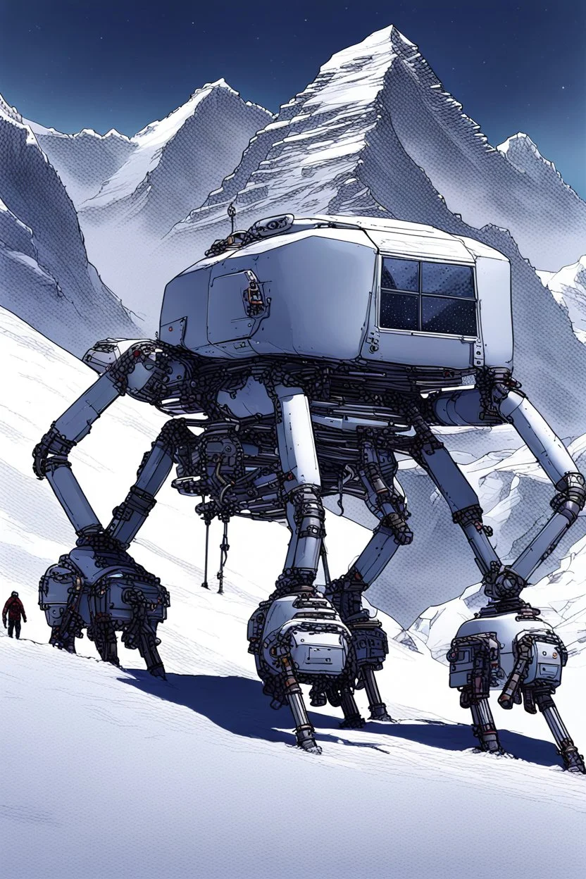 a sleek mechanical walker with eight legs scaling a very steep snow covered side of mout everest at night, it has a smooth surface, it has storage pods on its belly and humans can fit in the pods