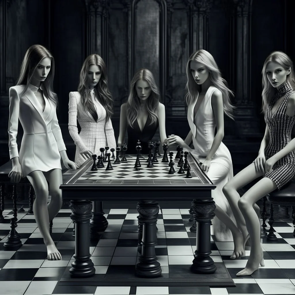 A chess game with female fashion models as the chess pieces.