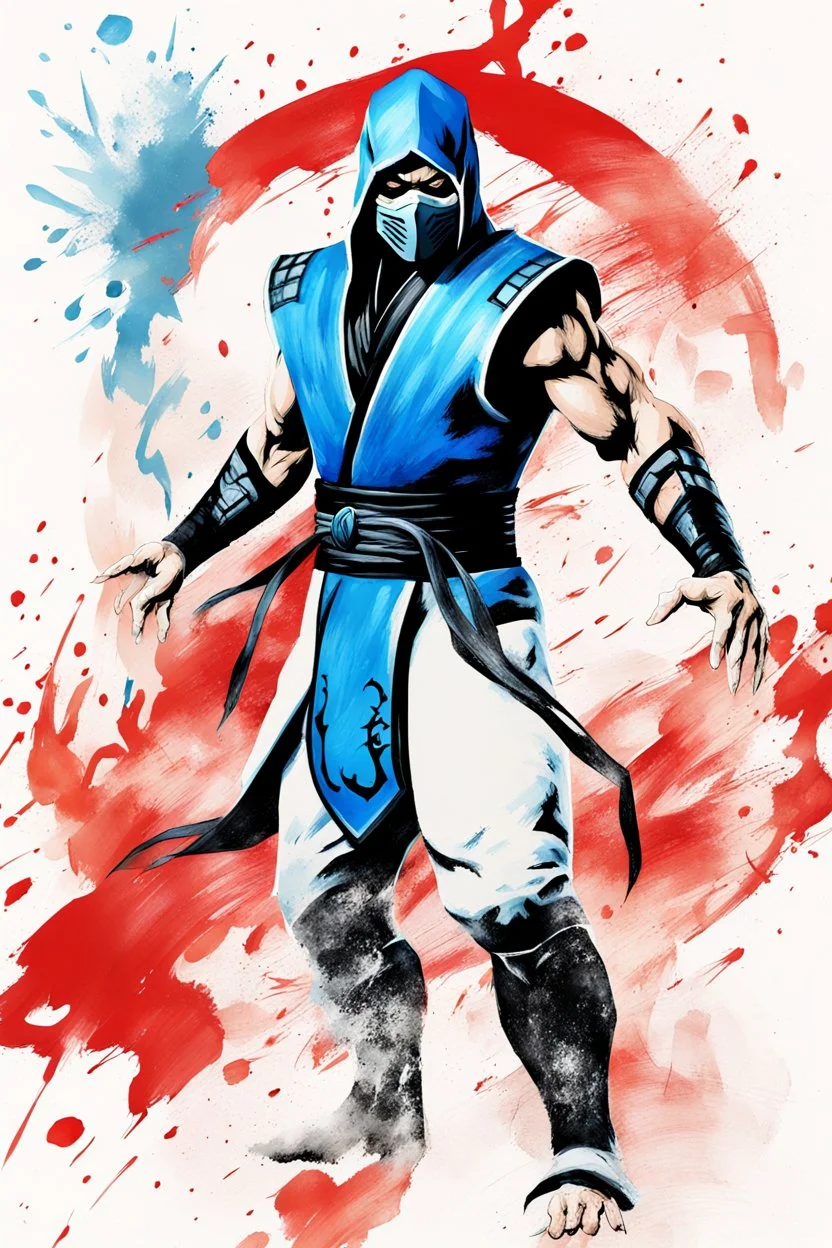 Sub Zero from Mortal Kombat, ink artistic conception, with typography elements, abstract, complementary colors, simplicity, Chinese painting, white background, 8k,