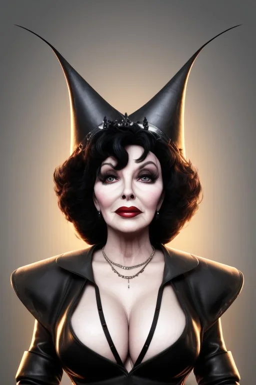 Joan Collins as evil queen in black leather, leather, busty, cleavage, angry, stern look. character design by cory loftis, fenghua zhong, ryohei hase, ismail inceoglu and ruan jia. unreal engine 5, artistic lighting, highly detailed, photorealistic, fantasy