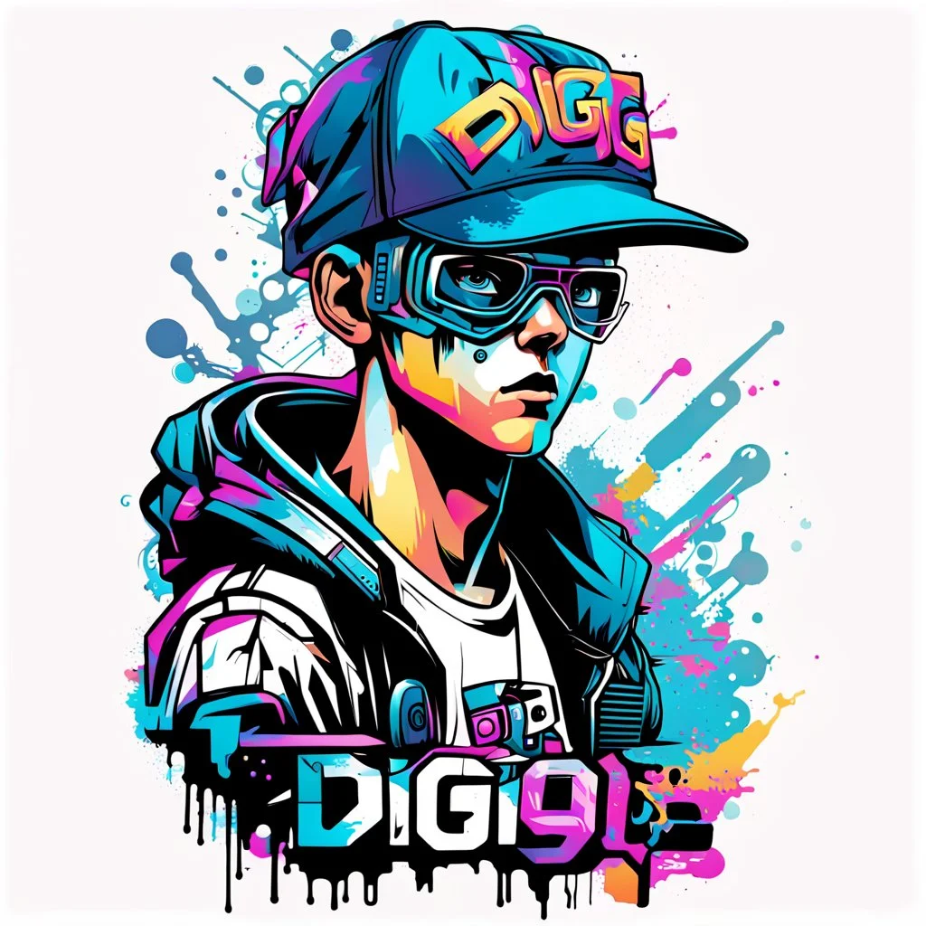 Vector t shirt art ready to print abstract color graffiti illustration of a cyberpunk boy and a basecap with text "Digi Org" On cap, white background.