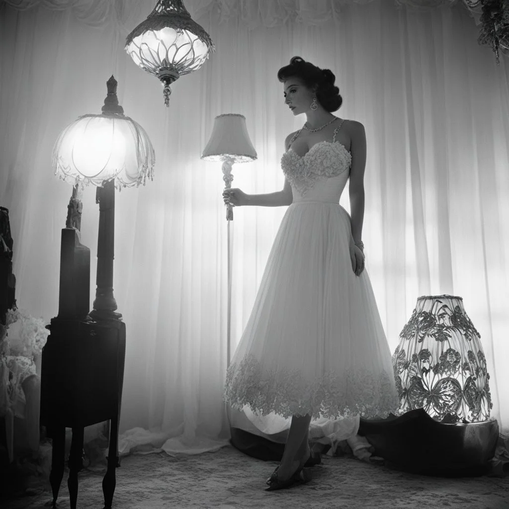 [high res photo by Russ Meyer] the bottom of her dress is a Lampshade, light from inside, view from below [spanish fiesta]