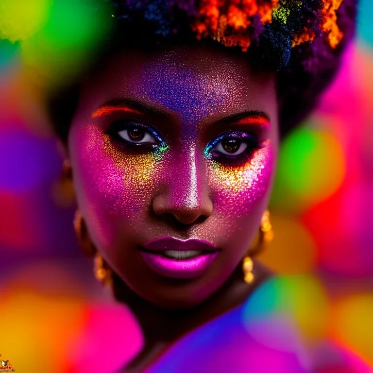 full body shot, masterpiece, best quality, family of three, dark skinned, sparkling eyes, fluorescent skin, colorful makeup, afro, highly detailed body, sun light, 4K, RAW, depth of field, high contrast, realistic details, 24mm