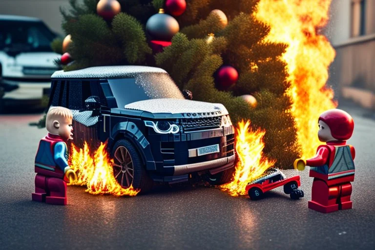 A crying toddler takes a burning car out of a LEGO box marked Land Rover next to the Christmas tree.