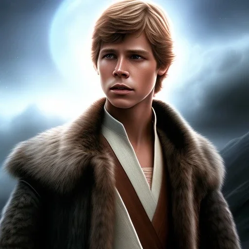 model shoot style, digital art zoomed out portrait of (young Luke Skywalker) ((dressed in jedi tunic)), surrounded by 100 planets, ultra-detailed, ultra quality, illustration, eerie atmosphere, 8k, cinematic lighting