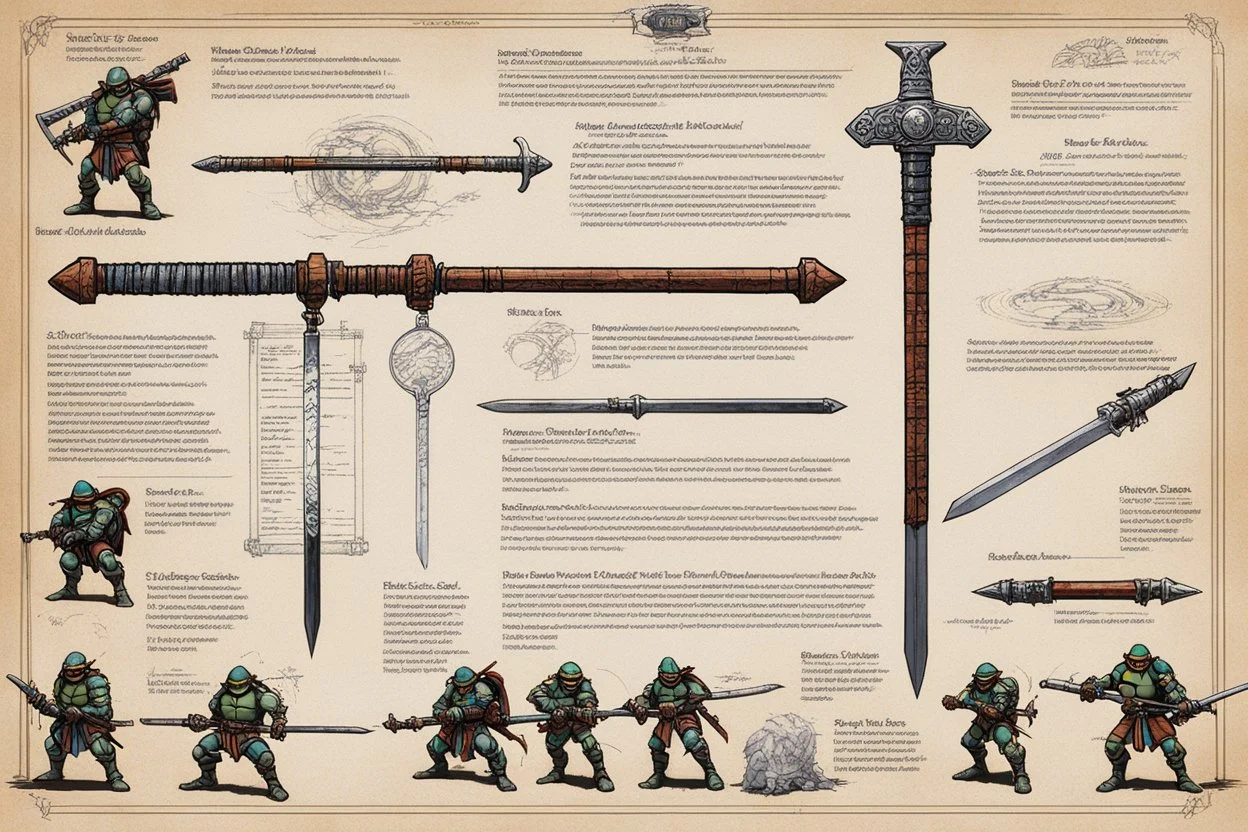series of weapons concept sheet with AD&D statistics and characteristics, [high res illustration by Kevin Eastman and Peter Laird for TMNT module T04] leonardo's katana, michelangelo's nunchaku, donatello's bo staff, raphael's sai