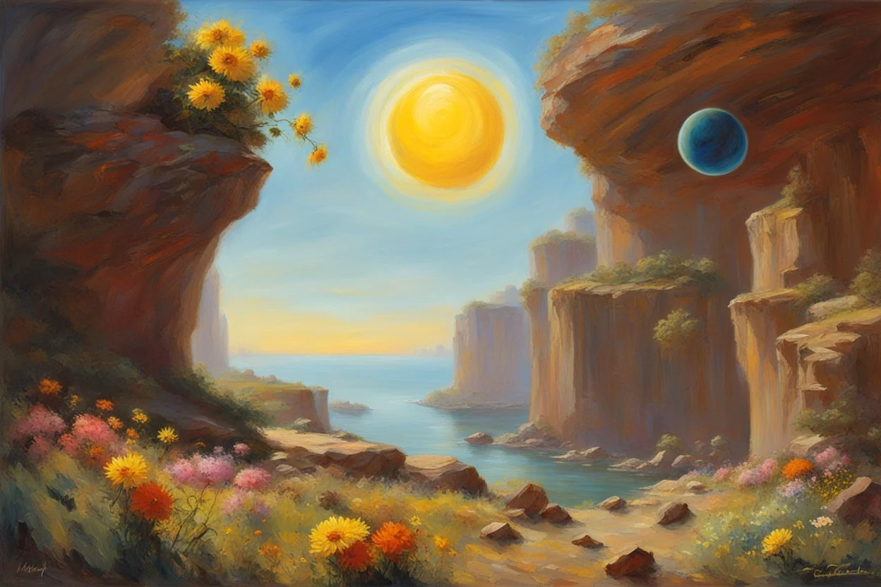 sunny day, planet in the sky, rocks, flowers, cliffs, sci-fi, friedrich eckenfelder and henry luyten impressionism paintings