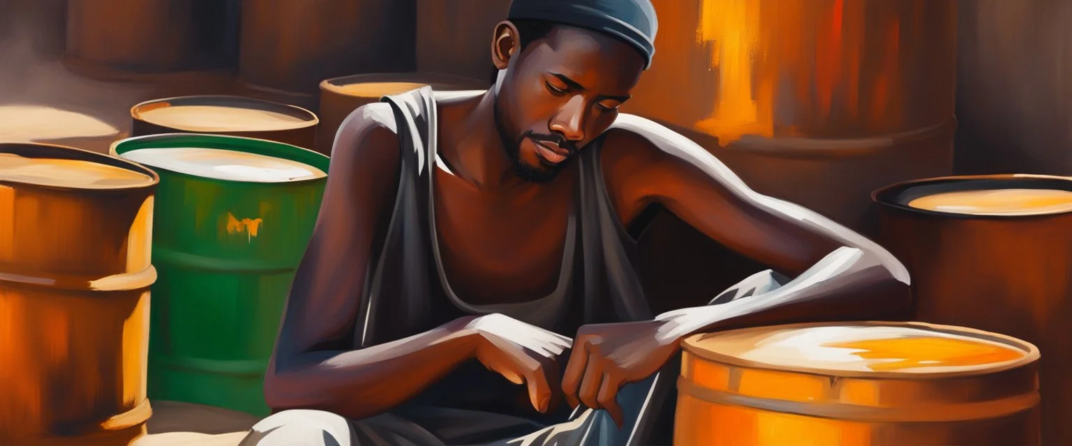 in Somalia, in small monotony, a small poor village a skinny tall young black man suffering from insomnia is sitting at a rusty oil barrel and drinks a delicious cup of extreme strong coffee, acrylic minimal impasto painting, wide angle, dynamic crude brush strokes, dusty yellow heat mood, peaceful vibe, tribal vibe, warm shades yellow, orange, green and black, with sparse deep red leak, wide angle, distant horizon