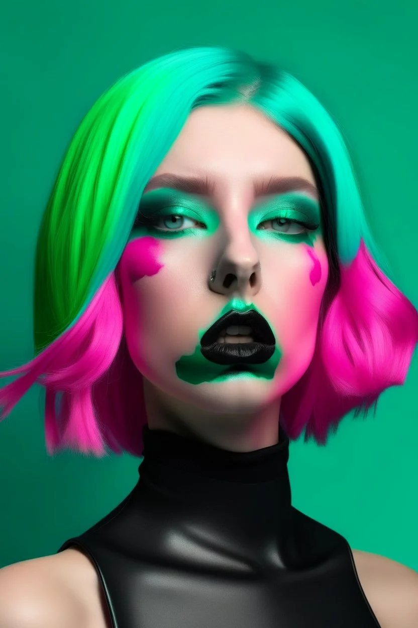 Mint girl face with rubber effect in all face with fuxia rubber effect hair and black lips