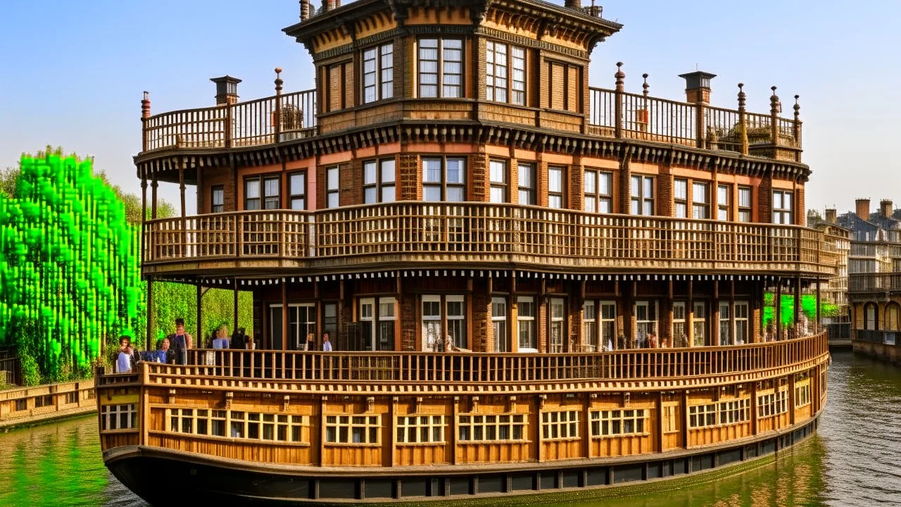 large wooden Victorian pleasure steamboat floating in the air above a city, balconies, verandas