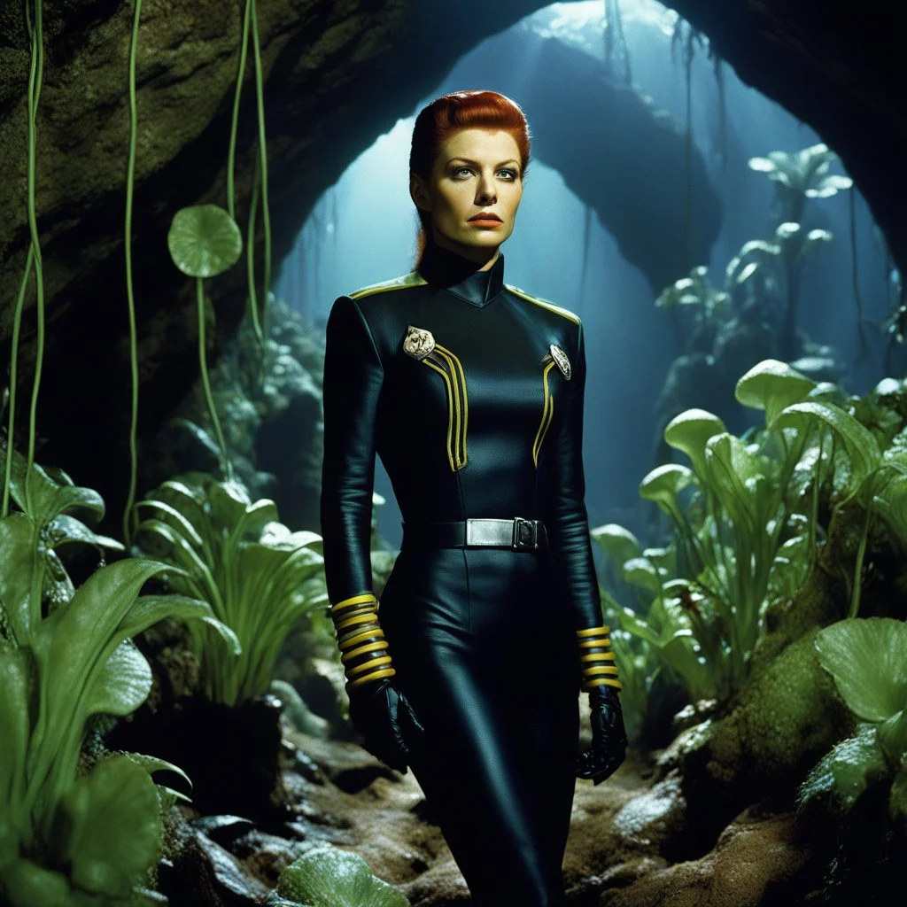 [high res photo by Helmut Newton] Star Trek Lieutenant Mira Vaughn, bound in alien cuffs, found herself in a nightmarish scenario. Surrounded by a circle of aggressive carnivorous plants in the dimly lit cavern, she felt the tendrils of fear creeping up her spine. Her uniform torn to shreds, hanging off her in tatters, a stark reminder of the fierce struggle she had endured. Mira's eyes welled up with unshed tears,
