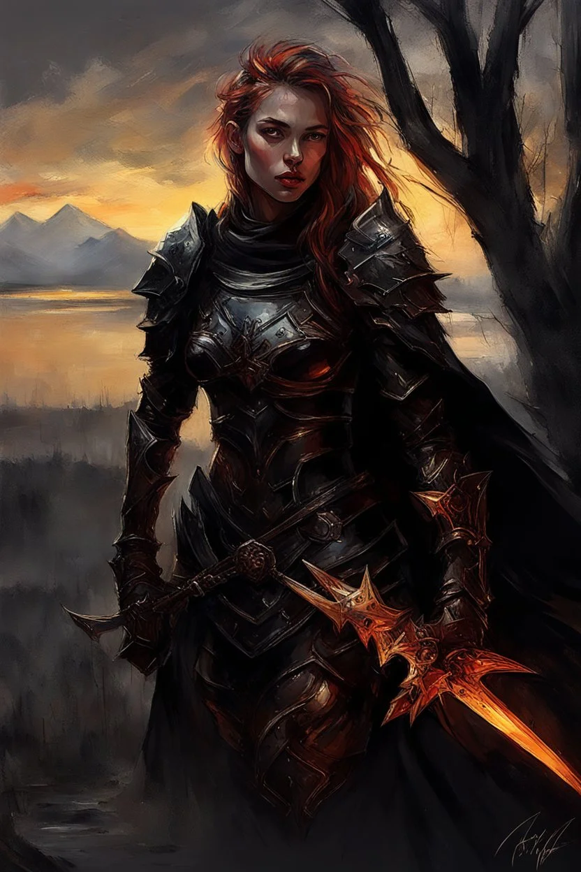 A formidable warrior girl in black armor, on the background Amazing gloomy landscape, flooded with sunset, mountains, trees, fabulous scary hero, , juicy emotions, painting, dark fantasy, gloomy day, dark world, portrait, by James Paick & Anna Razumovskaya