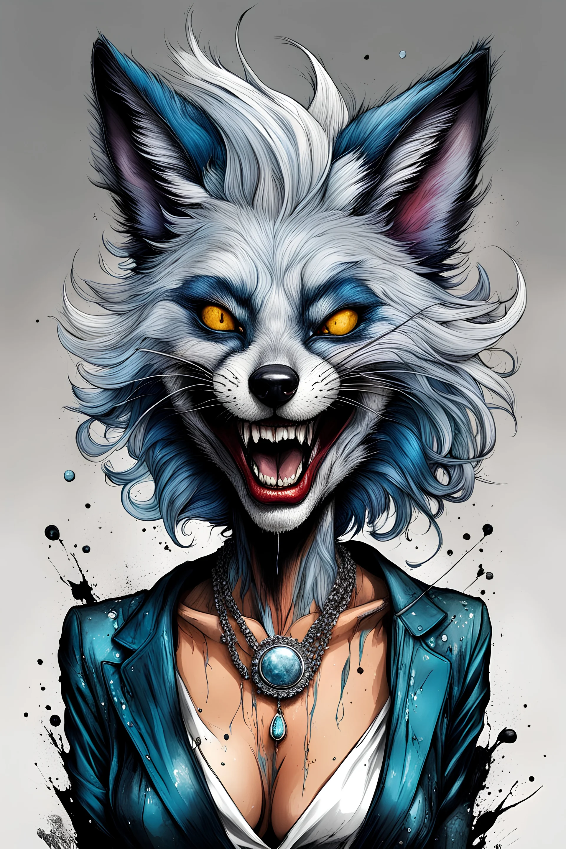 highly detailed full color, caricature concept illustration of a seductive female Silver Fox Blues singer , maximalist, sharp focus, highest resolution, in the styles of Ralph Steadman, Alex Pardee, Denis Forkas , and Masahiro Ito, boldly inked, 8k, coarse, gritty textures