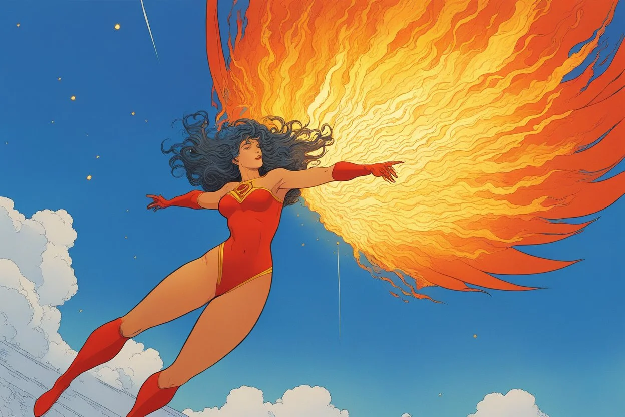 [superhero illustration by moebius] look up and see a flaming goddess, flying in the sky, who slowly makes her way towards you. She is a powerful being, and you can feel the heat emanating from her as she comes closer.