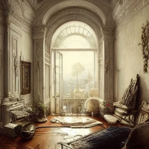 Living room with a big full wall window, white Beaux Arts architecture,interior design,point of perspective,by Jean Baptiste Monge, Epic cinematic, brilliant stunning, intricate, meticulously, detailed, dramatic atmospheric, maximalist digital matte painting