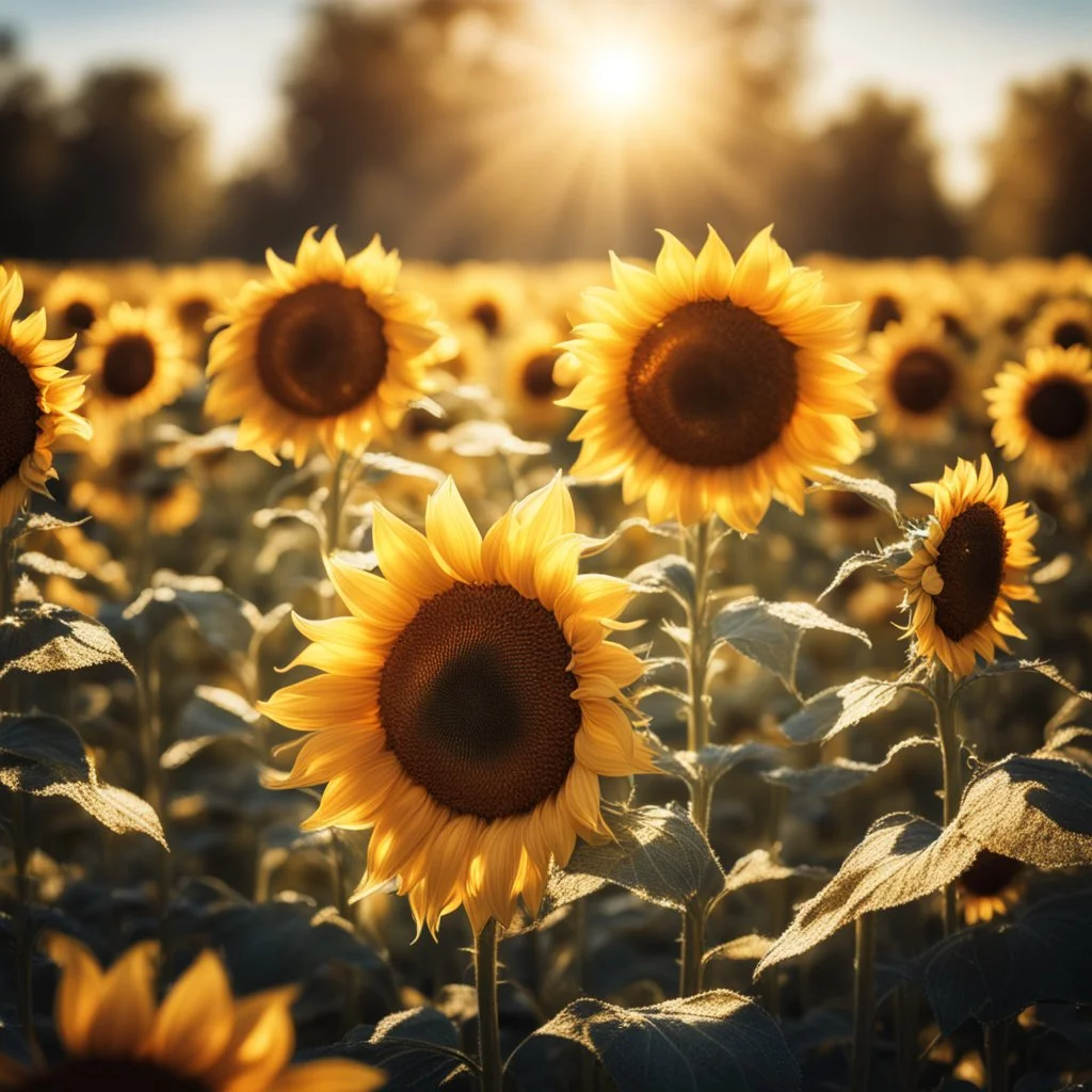 Radiant glass sunflower field bathed in golden sunlight , sharp focus, high contrast, dark tone, bright vibrant colors, cinematic masterpiece, shallow depth of field, bokeh, sparks, glitter, 16k resolution, photorealistic, intricate details, dramatic natural lighting