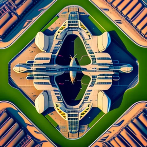 Vista aérea simétrica de un aeropuerto en forma de mariposa, espectacular, impactante, calidad ultra, maximalista, 8k 3D