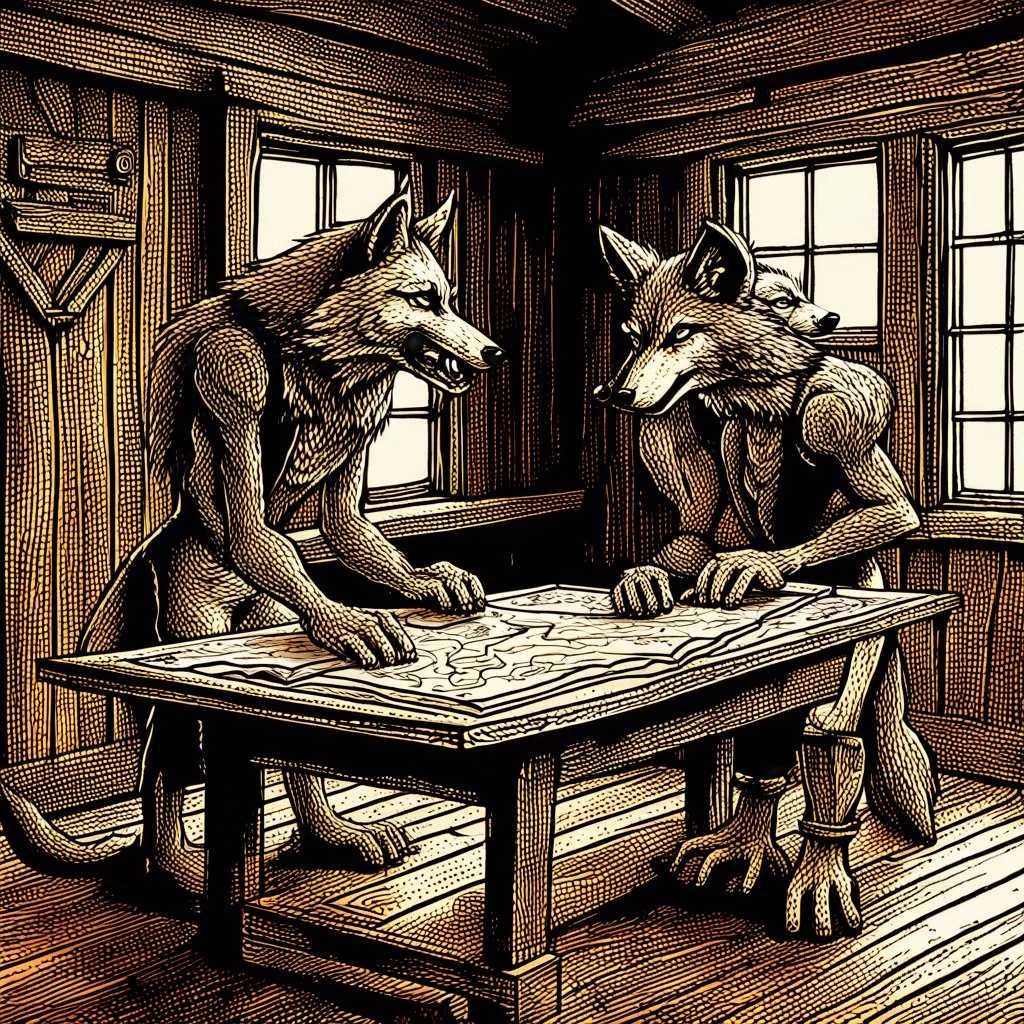 two anthropomorphic wolf stand around the old wooden table. They studying two map which features markings drawing are visible. one map lies down on big wooden table, one map holds his paws, older wolf a gnarled tree leans on a stick, in background the room's massive wooden walls, one little window, high realistic, detailed, cinematic mood