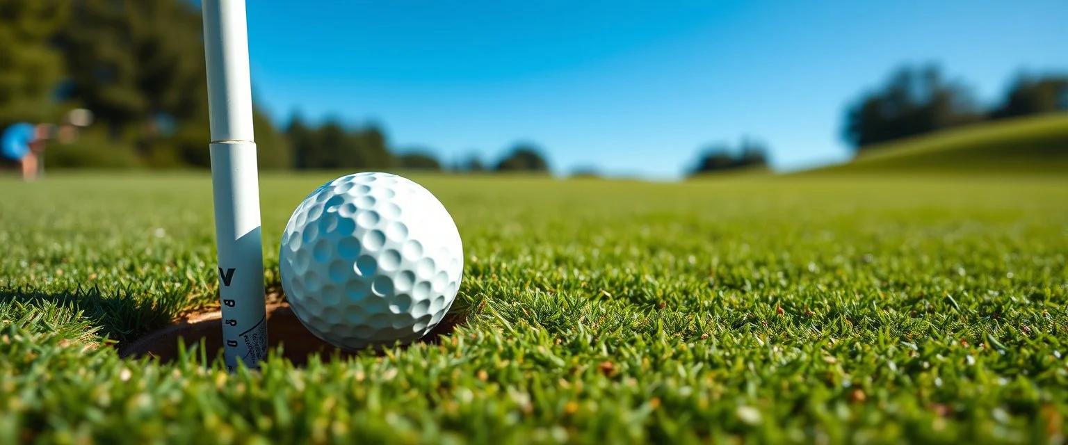 macro photo of a golf green, golf ball with shadow next to the hole(circular), ground is short groomed green grass, clear blue sky, add texture and depth, realism