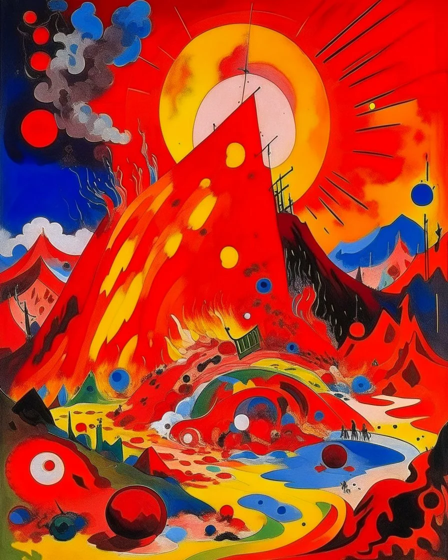 A red volcano with chaotic fire painted by Wassily Kandinsky