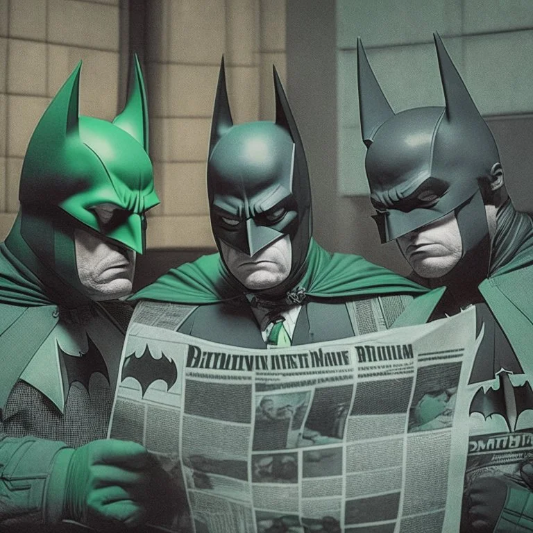 A newspaper photocopy of a dark universe masonic sad drunk batman cosplay convention, green batman, orange batman, cyan batman, white batman. Black an white style.