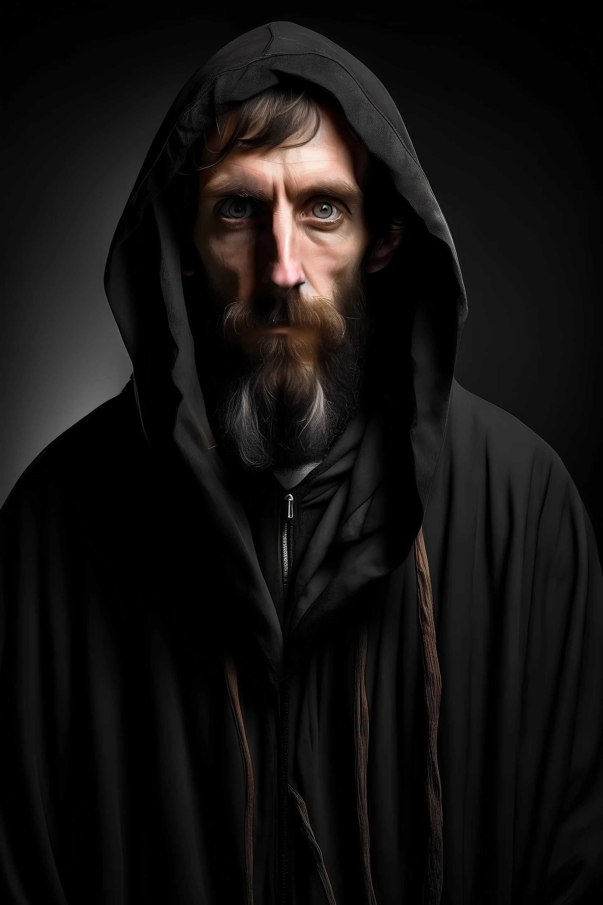 Portrait of a 37 year old tall, skinny and weak man. He is 6 foot tall. He has been starved for 10 years. He has a slight hunch. He wears a black hooded cloak which reaches down to his knees, a white dirty shirt underneath and old brown pants and black shoes. His eyes are black like his hair and stubby beard. He looks sick like he has the flu. He holds a black spear with a large crescent head with blue metal tint.