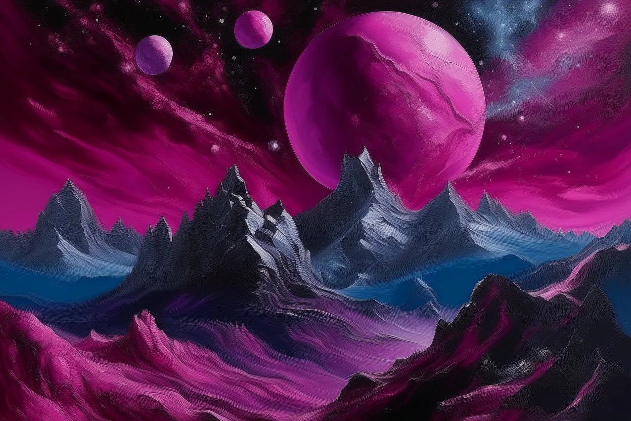 A purplish magenta Swedish mountain under the stars and planets painted by Michelangelo di Lodovico Buonarroti Simoni