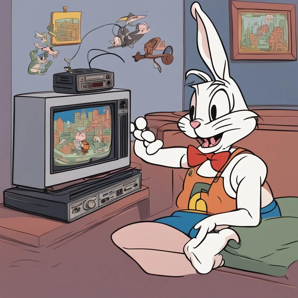 bugs bunny watching a tv about a video game with a pig doing music