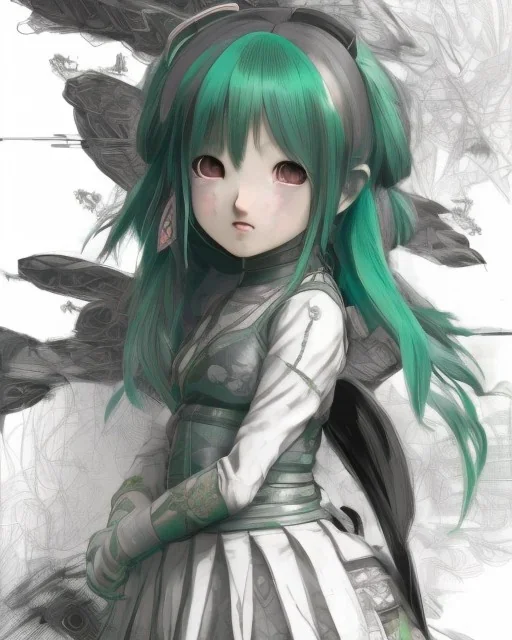 Detailed anime child girl, green hair, black and green dragon scale armour, intricate details, full body portrait, keep head in frame, slight smile, black Japanese motif, concept art, highly detailed, digital painting, concept art, sharp focus, illustration, art by Yoji Shinkawa, WLOP and greg rutkowski and alphonse mucha and artgerm and yanjun Chen and Junji ito and Makoto Shinkai, HDR, octane render