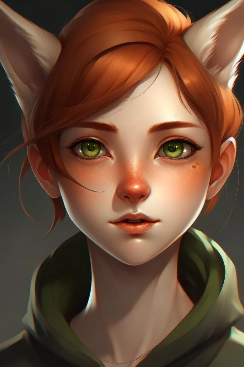 A female with short red hair, dark green eyes, large fox ears, slight smile, pale skin, freckles