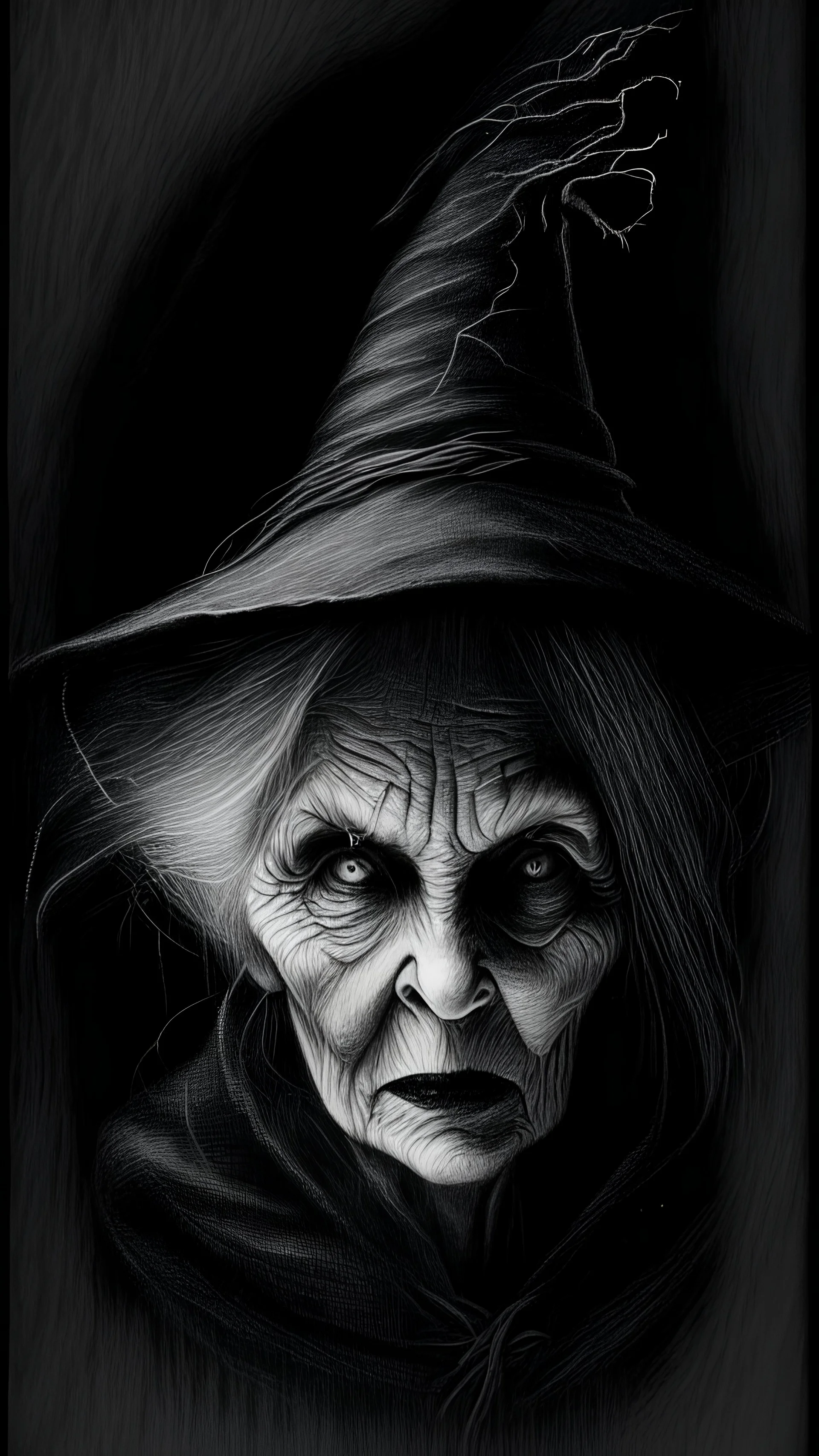 pencil drawing of old witch, Spooky, scary, halloween, black paper