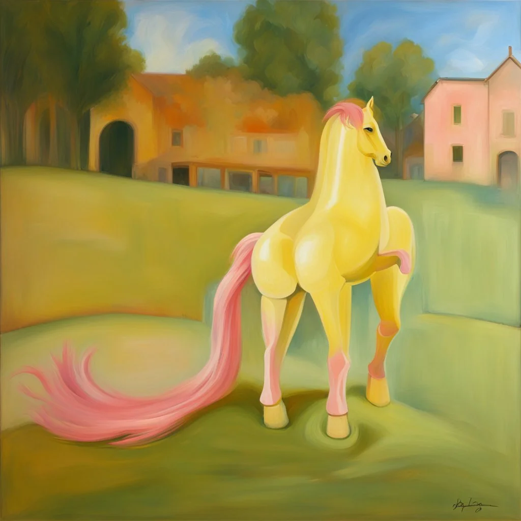 Big pink plastic toy horse.19th painting