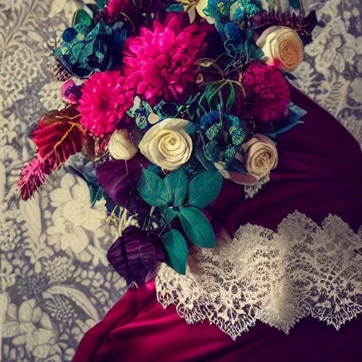 delicate bouquet of lace and pearls, chiaroscuro, vivid colors, festive colors, dramatic lighting, beautiful composition, aesthetic layout