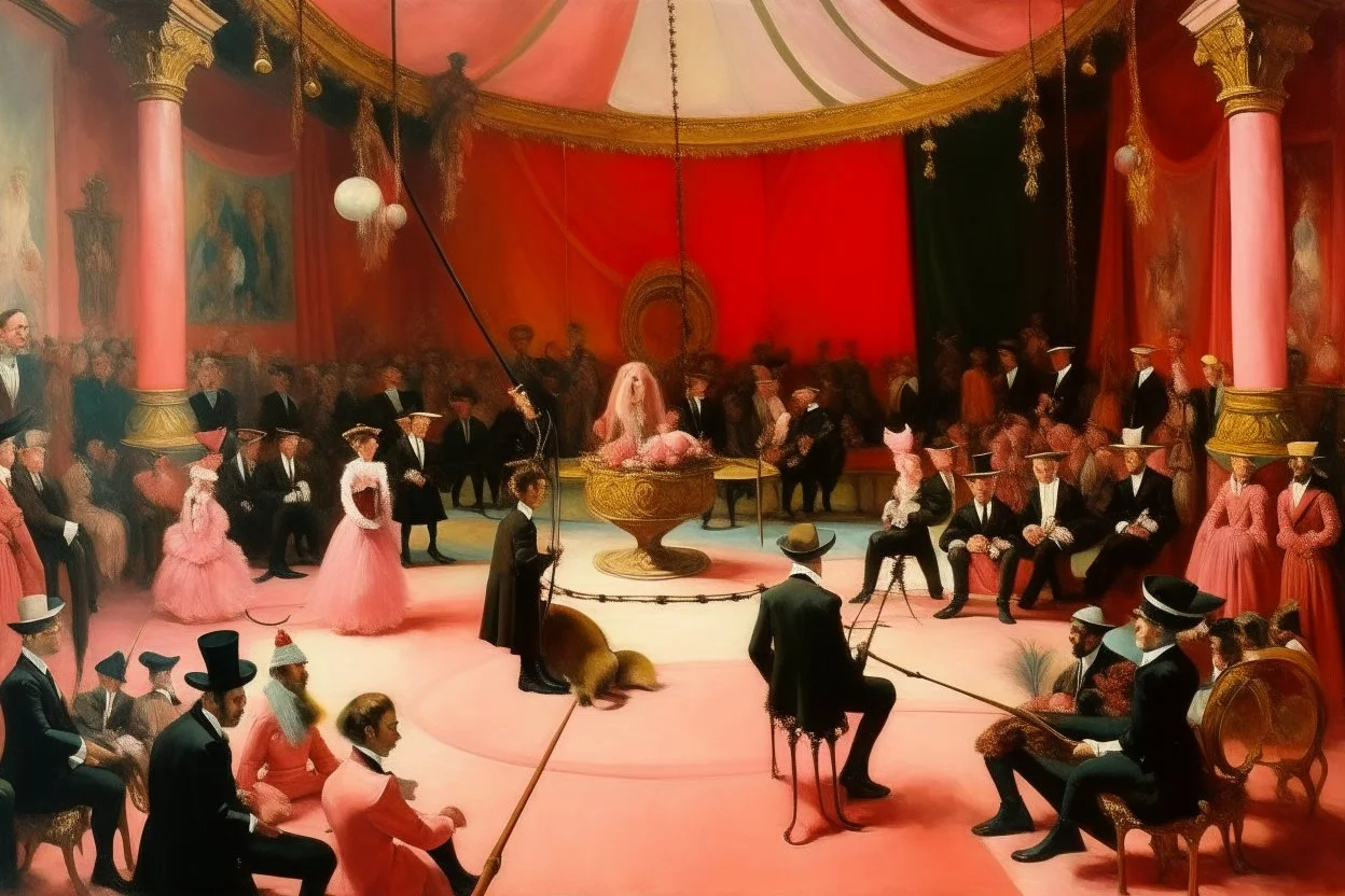 A pink magical circus with orchestra instruments painted by Edgar Degas