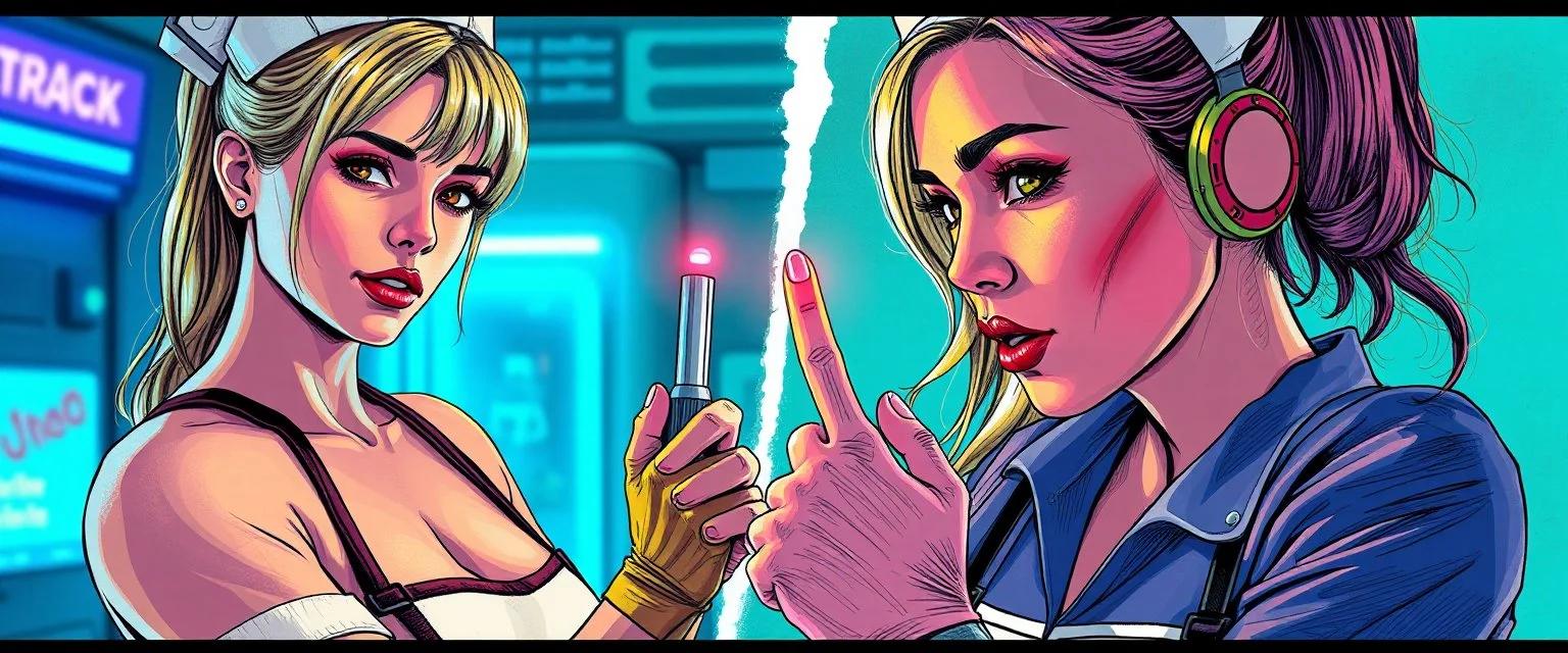 cyberpunk fallout 4, airbrush and pen outline, A cinematic, high-end advertisement image for a fictional service called “Mutant Spice Girl Nurse Surprise Party™”. Split-screen composition with two contrasting emotional states.
