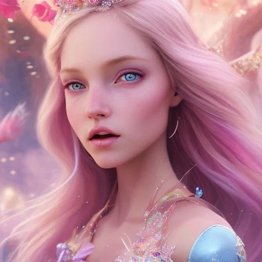 cheerful fairy, pink, blonde hair, beautiful, whole face, whole top hair head, wide open blue eyes, hyperrealism, masterpiece, expert, cinematic lighting, sharp focus, 8K, pastel, macro lens, woman, detailed, flower