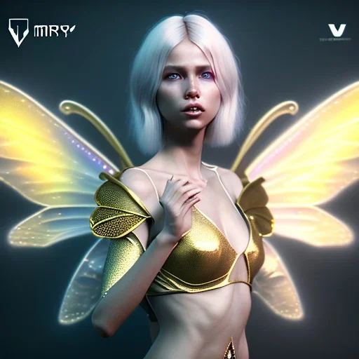 beautiful blonde Faery, with big transparents wings,atmospheric, realistic, unreal engine, lighting gold, octane render.