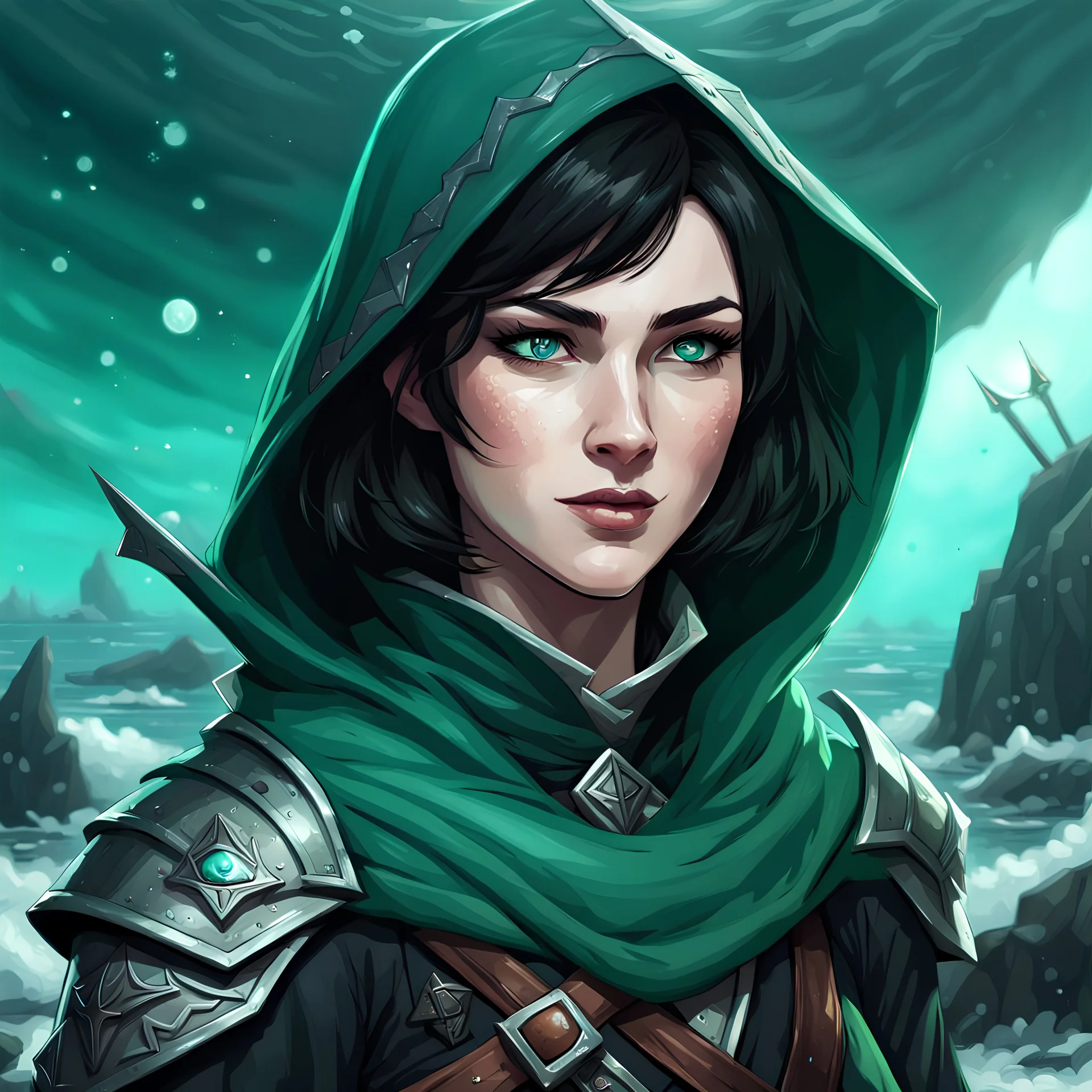 dungeons & dragons; portrait; female; teenager; pale skin; short black hair; sea green eyes; warlock; the fathomless; clothes for sea travel; hood; soft; smile; deep sea