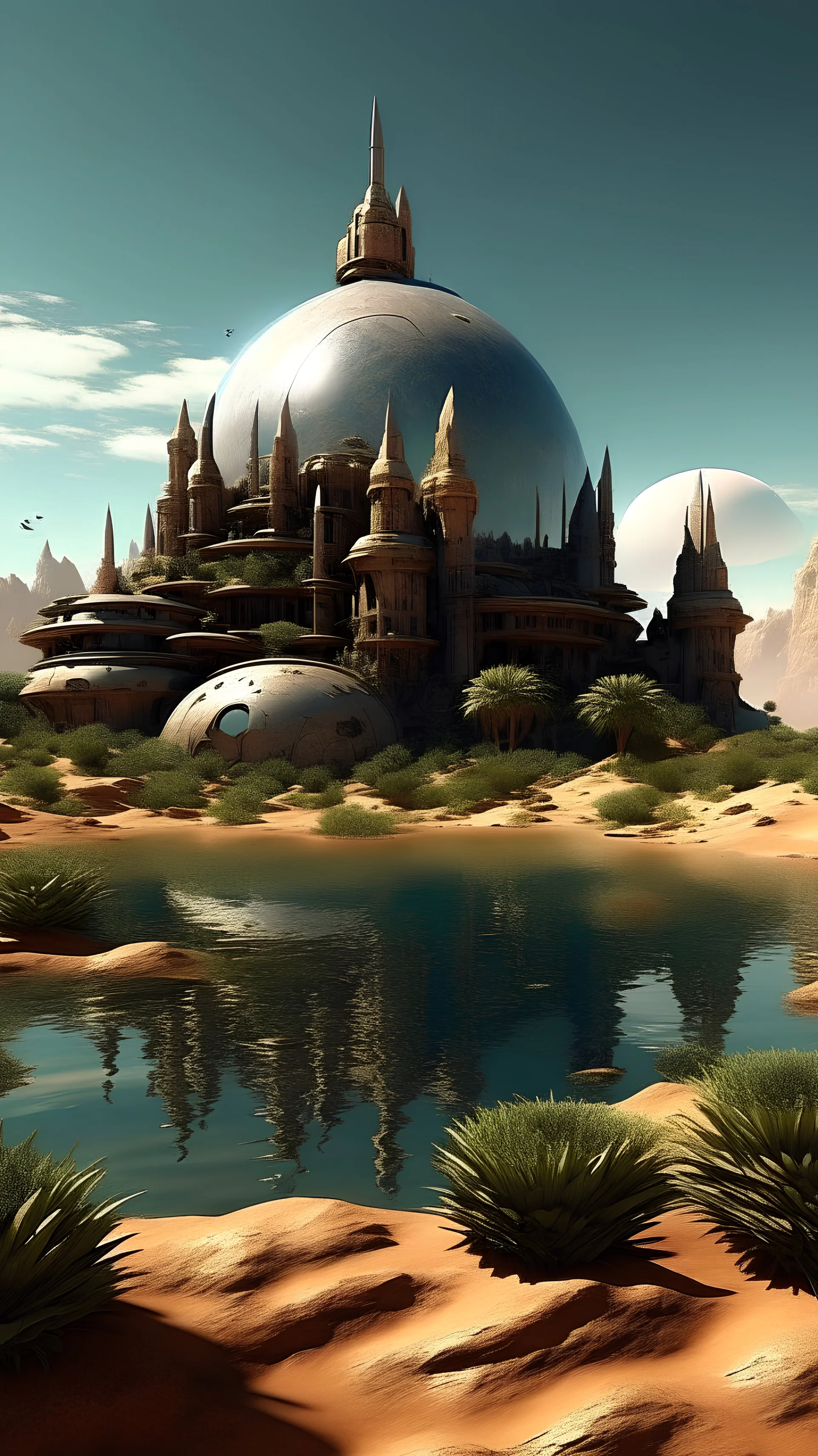 sci fi planet, desert fortress, gardens, ponds