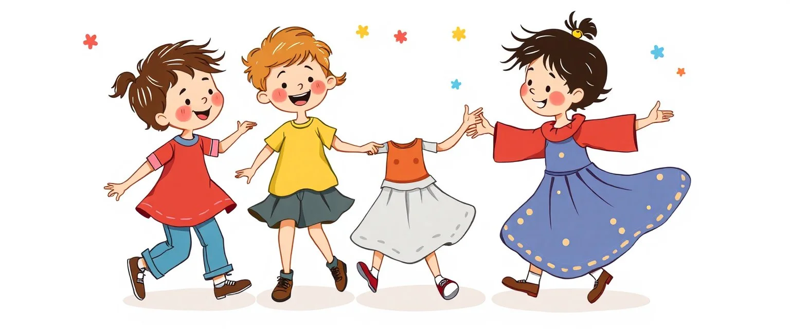 whimsical illustration of children playing and dancing. children's book style, on a white background