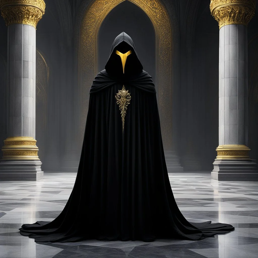 [hooded hidden face with two small yellow eyes] The dark, hooded figure known as the Nazgul stood silently behind a towering column in the opulent palace, its presence shrouded in mystery and foreboding. The hooded cloak billowed ominously around its form, concealing any glimpse of a face or identity. Shadows danced across the marble floors as the figure observed the lavish surroundings with a sense of detached malevolence.