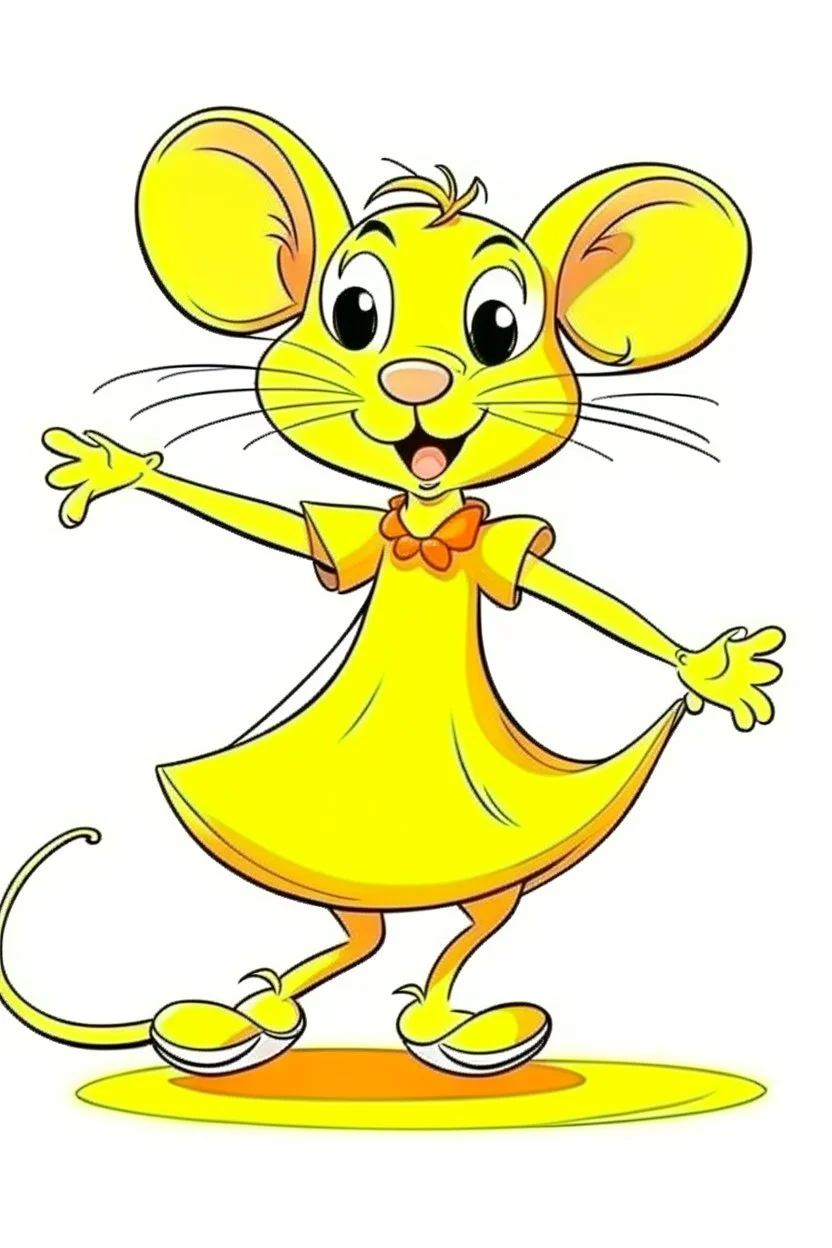 cartoon style: cute little mouse dancer in yellow dress. The mouse bends one foot up, and hold onto that foot with your same-sided hand. free hand is lifted over your head.