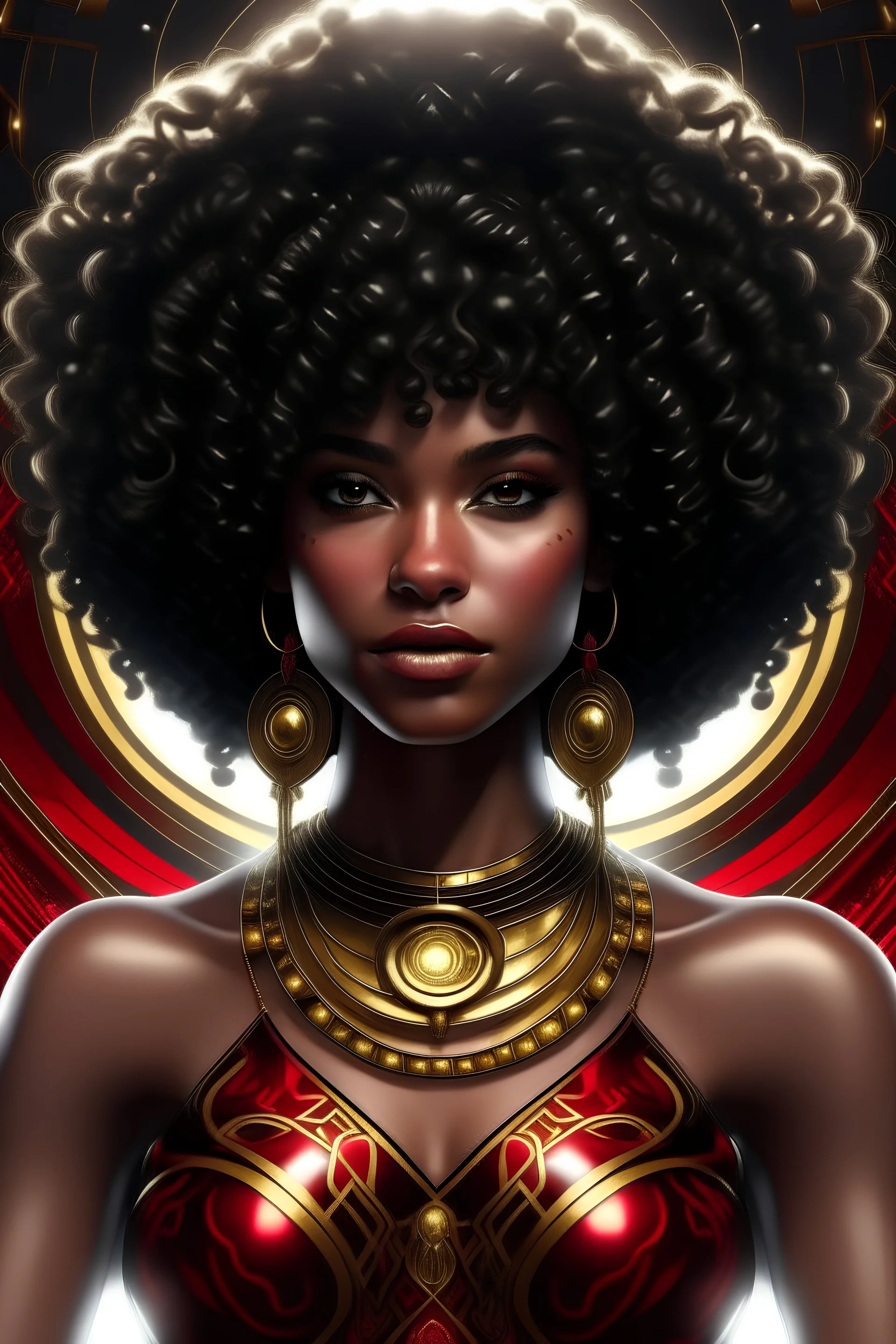 you are a modern futuristic artist, and I want you to generate a hyper realistic woman with dark skin and curly big hair with gold jewels and rubies and a ruby colored dress