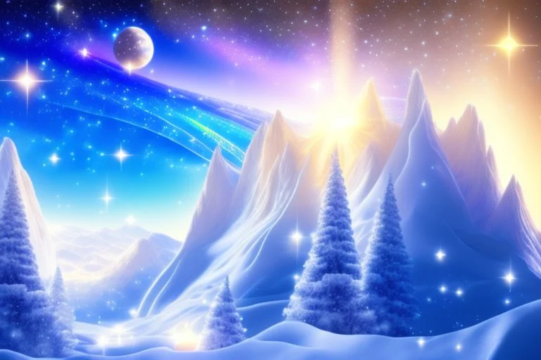 white spaceship with light in the below. the landscape is a fairy colourfull forest with snow sweety mountains. the sky is blu with stars and brightness beam