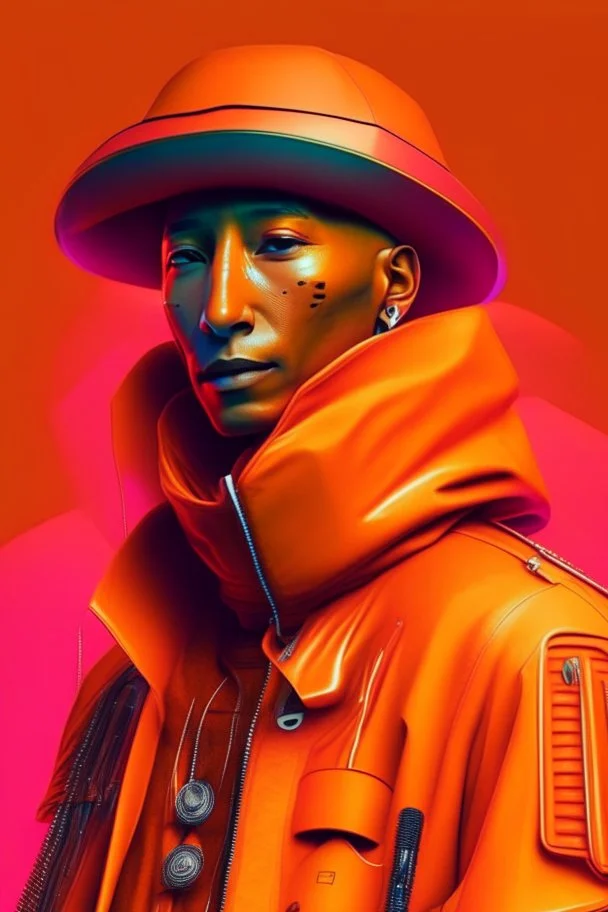 Pharrell Williams dressing in orange, cyberpunk, ultra realistic