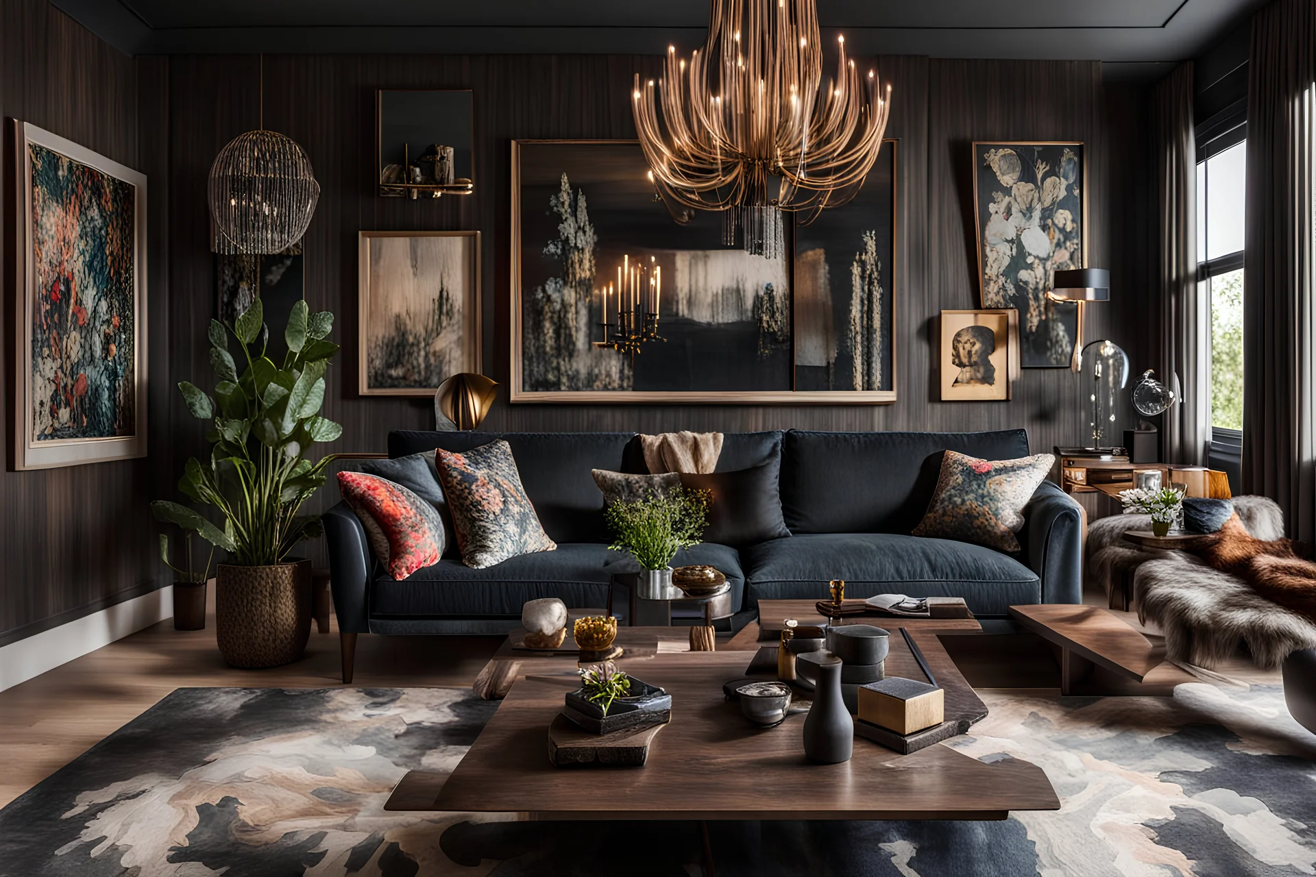 detail image of maximalist living room. modern luxury farmhouse style. dark wood