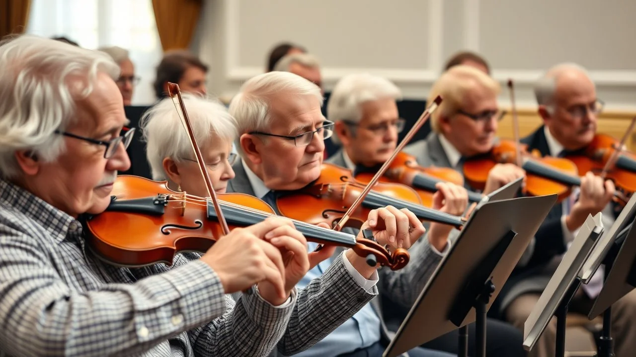 Elderly pensioners playing in an orchestra. Photographic quality and detail, award-winning image, beautiful composition.