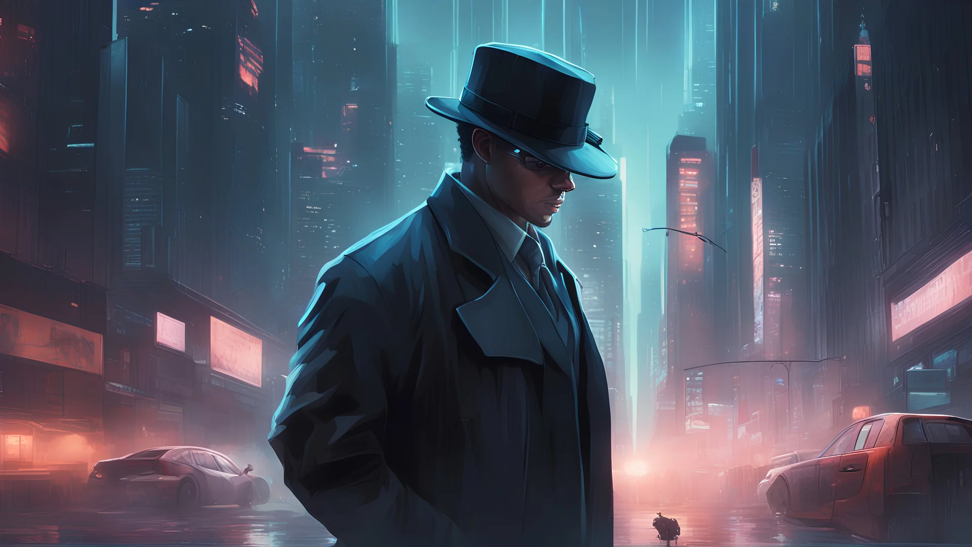 a high quality digital artwork of a detective using the Collaborative Intelligence platform to solve a case, futuristic, cyberpunk, detective noir, cityscape, teamwork, technology, collaboration, unsolved mystery, contribution recognition, data visualization, intense atmosphere, high detail, cinematic, digital painting, 4k
