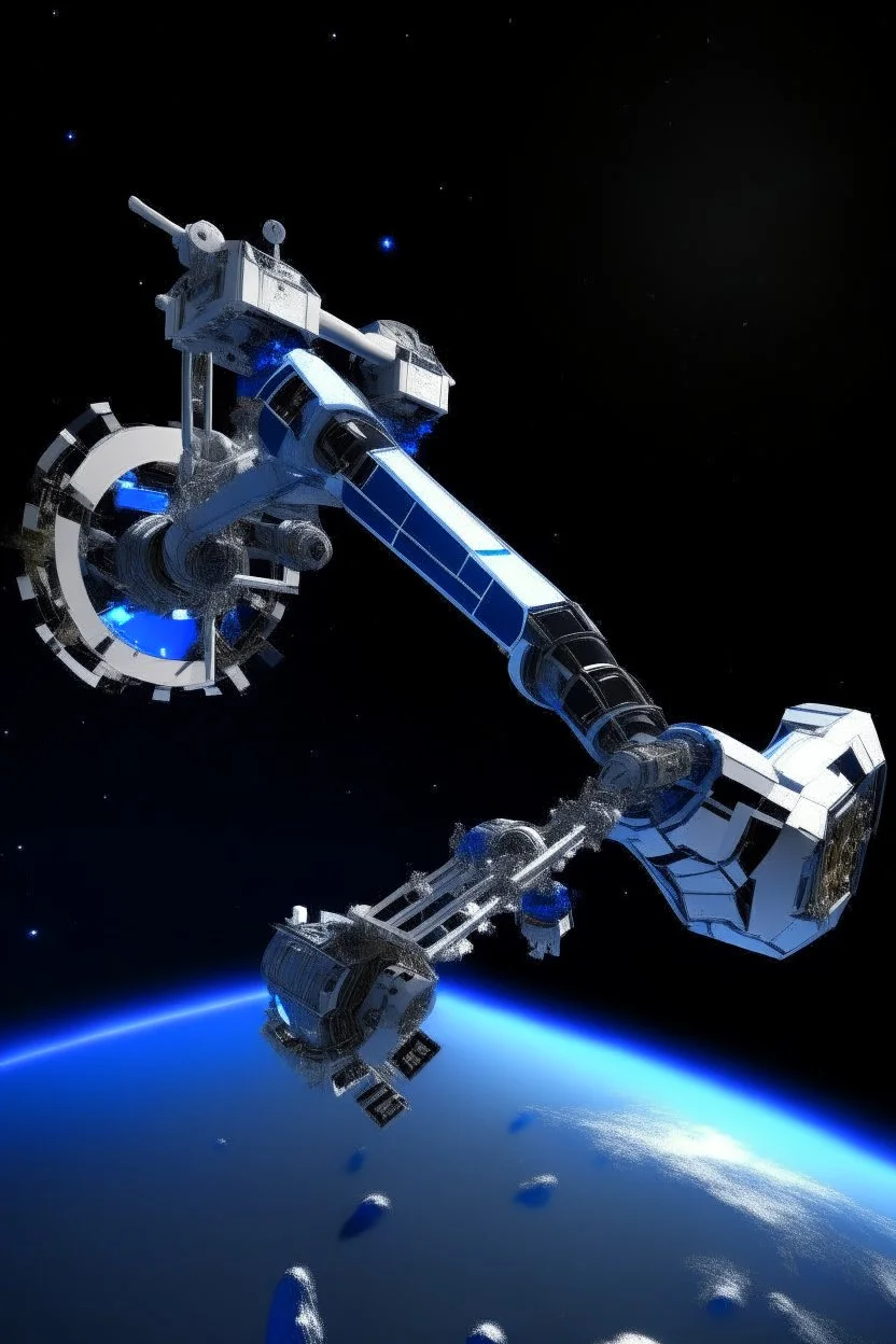 In a sci-fi starry sky background, a slender space flexible robotic arm with flexible joint is located on the satellite.The images have high resolution.