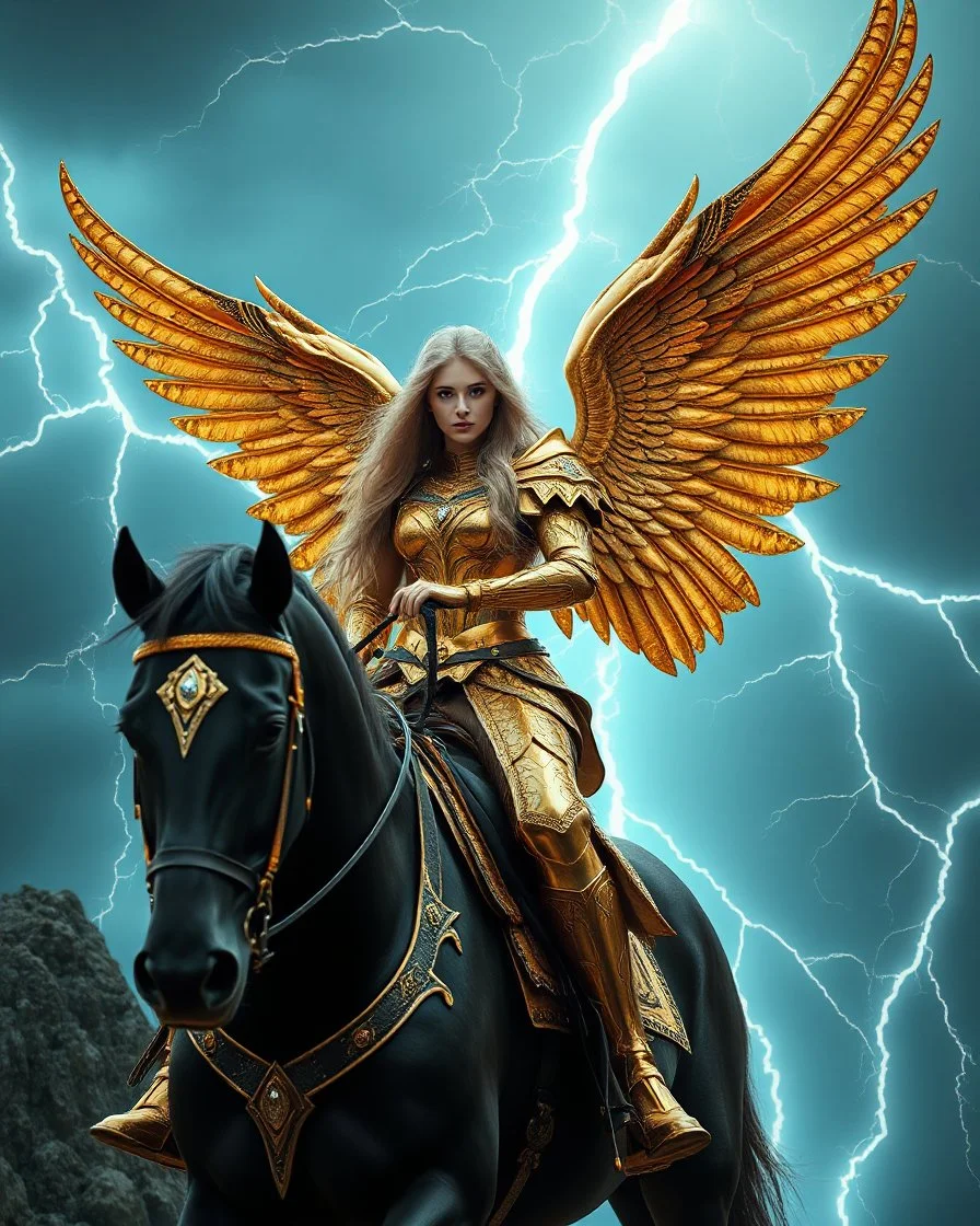 wide angle facing front photography fantasy art angel warrior drive black horse flying on darkstrom lightning high sky, beauty colors full body A Length image of very beautiful Super model woman,long hair blond as an Beautiful Archangel with wings made from metal craft, dressing luxurious golden and black color armor ornaments combination fully crystals diamonds stone,luxury boots shoes,she on drive horse on the high sky darkstrom